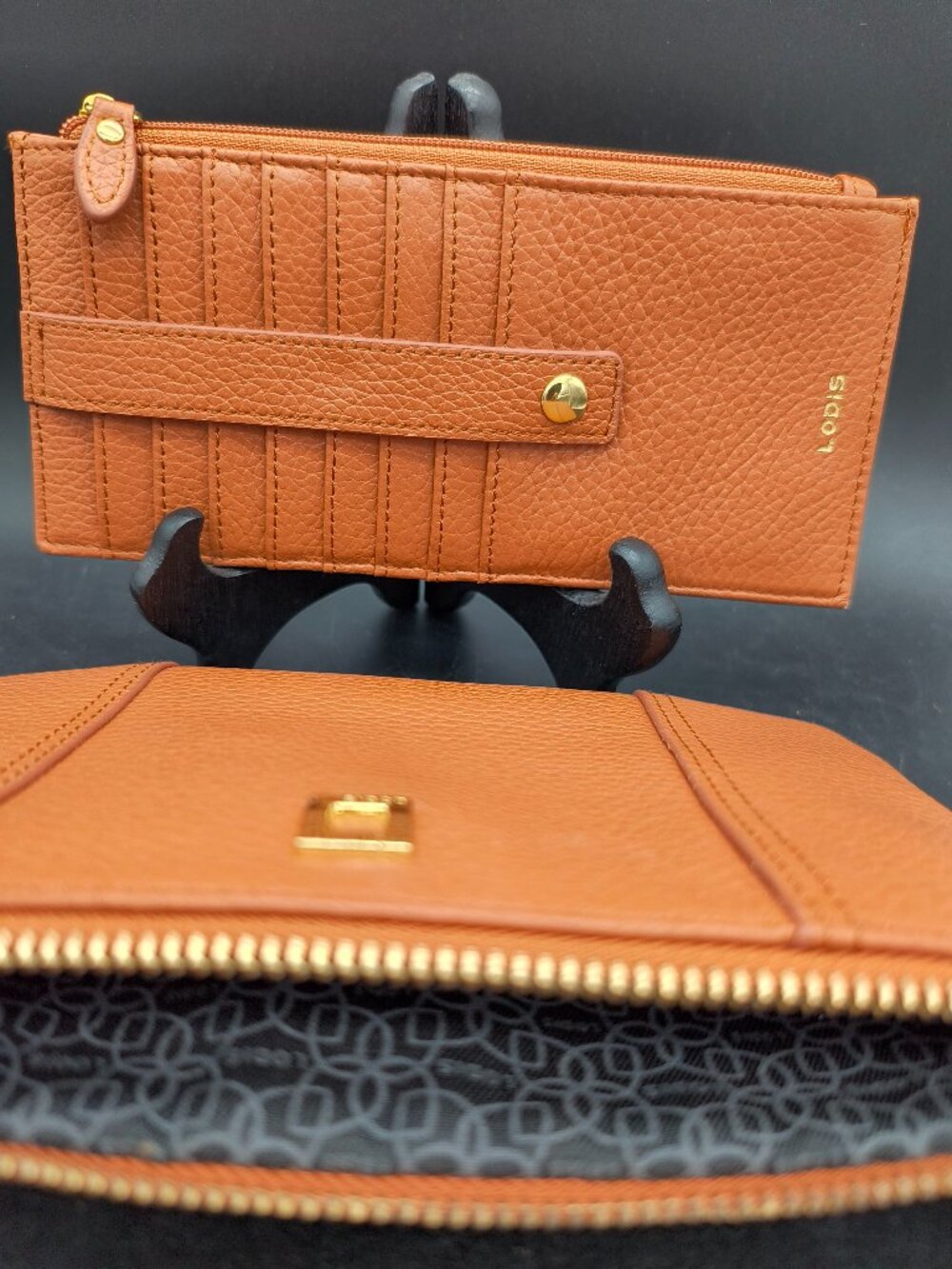 Lodis Pebbled Cognac Leather Wristlet + Removable Wallet Insert